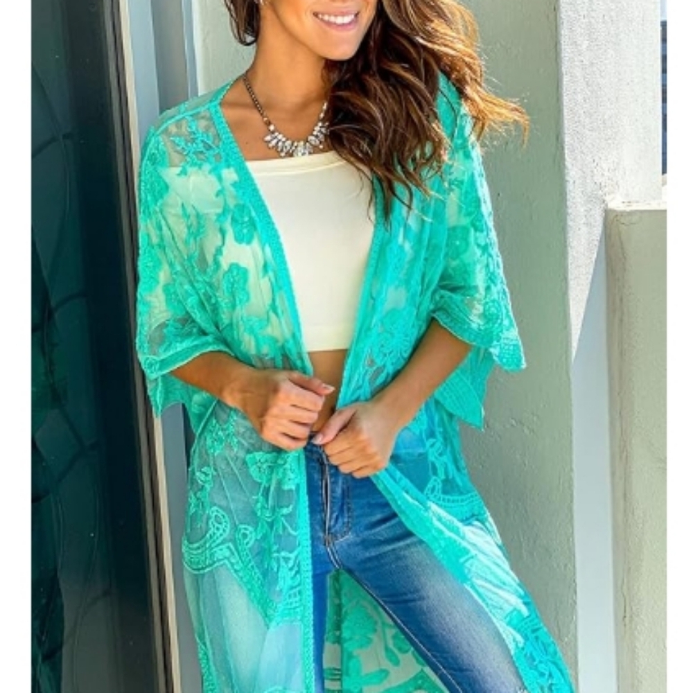 Long Flowy Lace Kimono Cardigan Boho Style Open Cover Ups Green